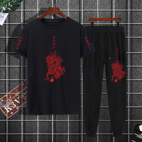 Pantalons de survêtement & T-shirt à motif lettre japonaise et dragon chinois - SHEIN - Modalova