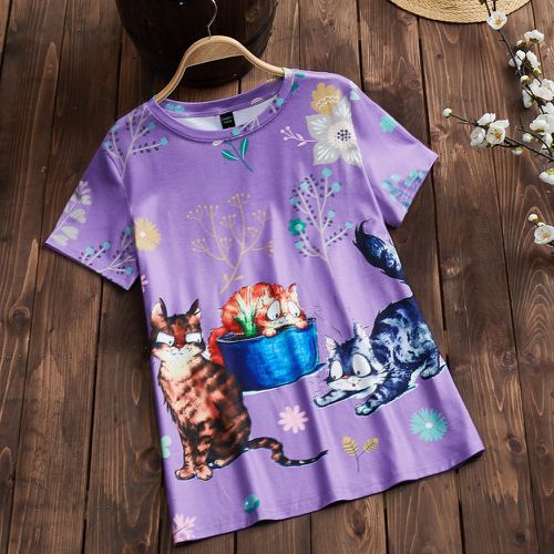 T-shirt floral et chat à imprimé - SHEIN - Modalova