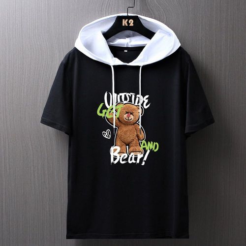 T-shirt lettre et ours à blocs de couleurs à cordon à capuche - SHEIN - Modalova