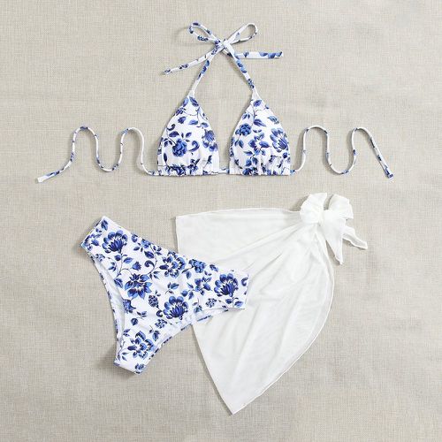 Pièces Bikini triangulaire ras-du-cou à imprimé floral & jupe de plage - SHEIN - Modalova