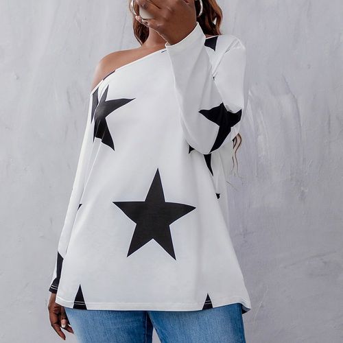 T-shirt à imprimé étoile à col asymétrique - SHEIN - Modalova