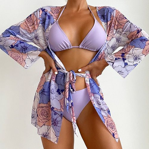 Pièces unicolore Bikini ras-du-cou & à imprimé floral Kimono - SHEIN - Modalova