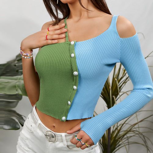 Top en tricot à col asymétrique perles à bouton bicolore - SHEIN - Modalova