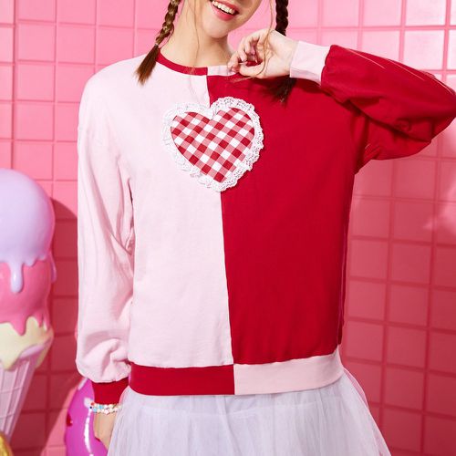 Sweat-shirt à blocs de couleurs cœur à carreaux - SHEIN - Modalova