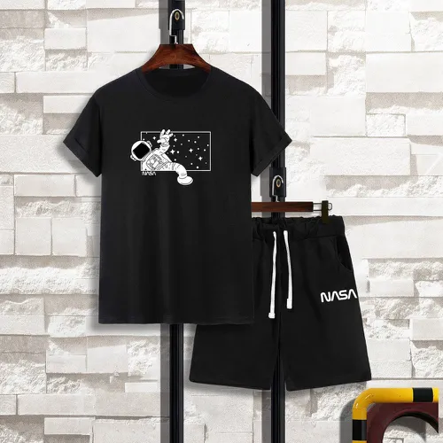 Lettre & à imprimé astronaute T-shirt & à cordon Short - SHEIN - Modalova