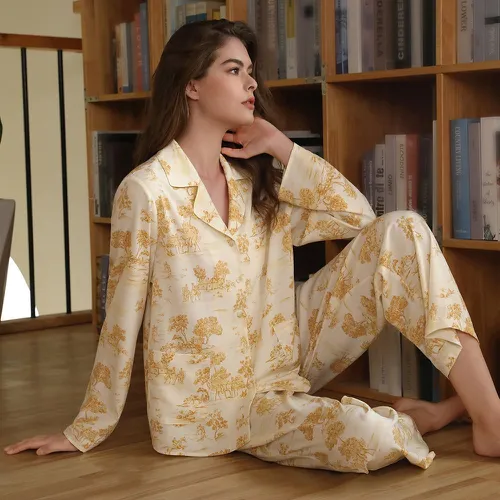 Ensemble de pyjama blouse et pantalon à imprimé paysage - SHEIN - Modalova