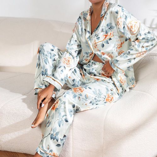 Ensemble de pyjama à imprimé floral patch à poche à liseré contrastant en satin - SHEIN - Modalova