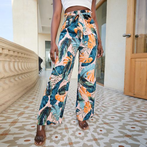 Pantalon ample à imprimé tropical à taille froncée à nœud - SHEIN - Modalova