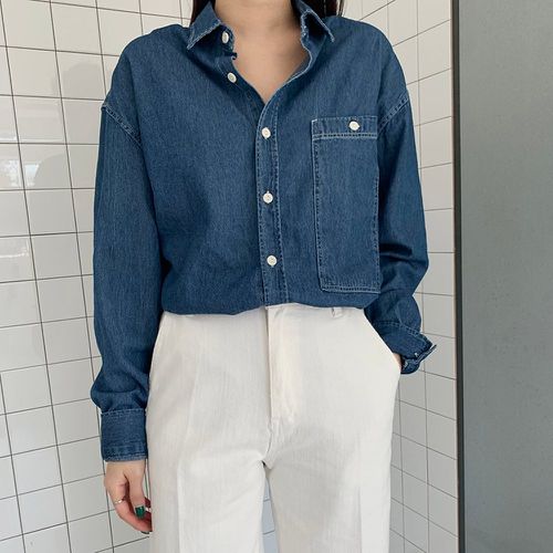 Blouse en jean à bouton avec poche - SHEIN - Modalova