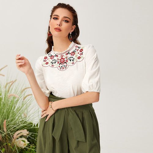 T-shirt à col montant brodé fleur - SHEIN - Modalova