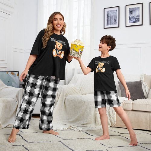 Ensemble de pyjama pantalon à carreaux et t-shirt à motif d'ours et de lettre - SHEIN - Modalova