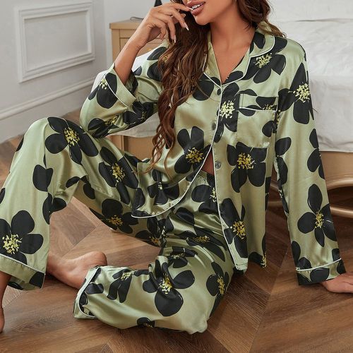 Ensemble de pyjama pantalon & blouse à imprimé floral avec poche en satin - SHEIN - Modalova