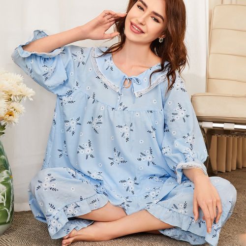 Ensemble de pyjama à imprimé floral à nœud ourlet en dentelle à volants - SHEIN - Modalova