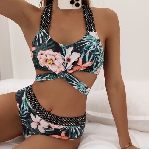 Bikini à imprimé tropical torsadé à paillettes - SHEIN - Modalova