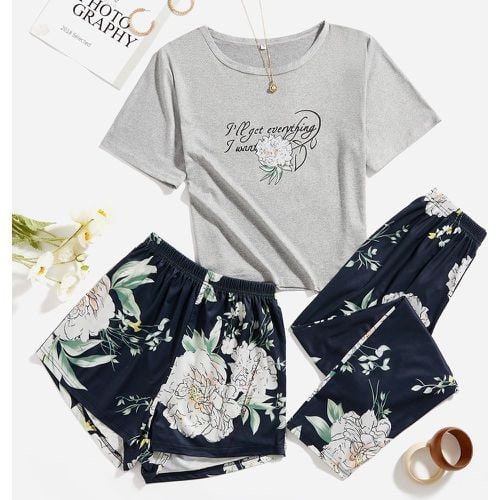 Slogan & à imprimé floral Short & T-shirt & pantalon Ensemble de pyjama - SHEIN - Modalova
