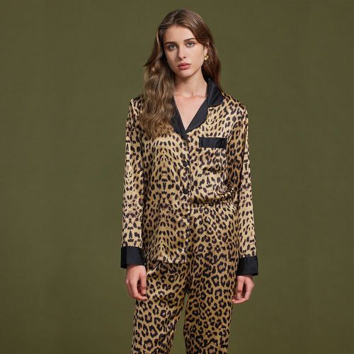 Ensemble de pyjama pantalon & blouse à léopard à poche à col contrastant - SHEIN - Modalova