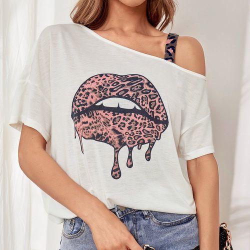 T-shirt léopard & à imprimé lèvre à col asymétrique - SHEIN - Modalova