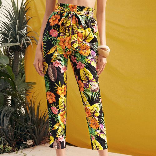 Pantalon à imprimé tropical à taille froncée ceinturé - SHEIN - Modalova