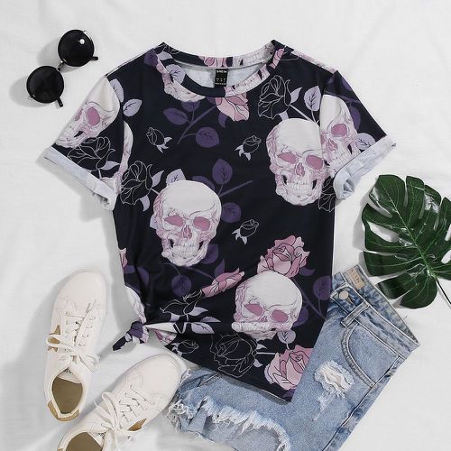T-shirt squelette & à imprimé floral - SHEIN - Modalova