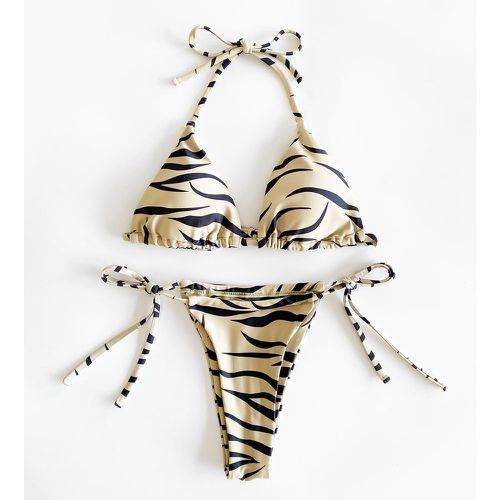 Bikini triangulaire ras-du-cou aléatoire à rayures zébrées à nœud - SHEIN - Modalova