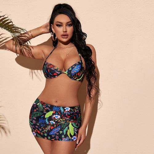 Bikini ras-du-cou à imprimé végétale avec jupe de plage - SHEIN - Modalova
