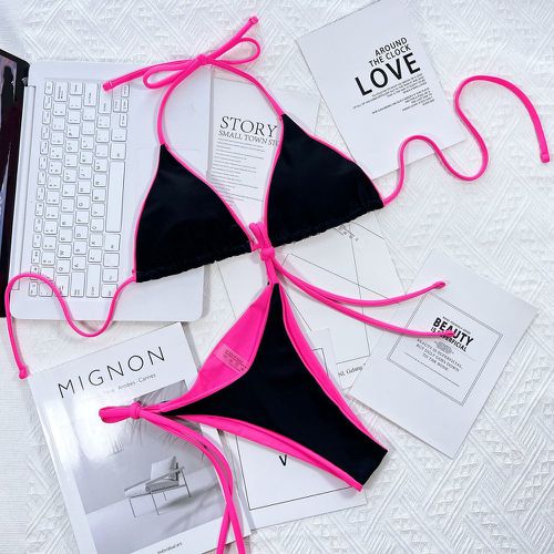 Bikini à liseré contrastant ras-du-cou triangulaire à nœud - SHEIN - Modalova