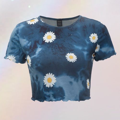 T-shirt tie dye à imprimé floral à ourlet ondulé - SHEIN - Modalova