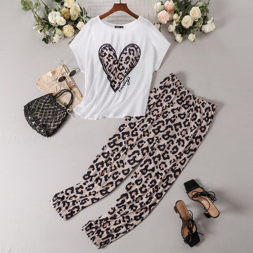 Pantalon & T-shirt cœur & léopard manches chauve-souris - SHEIN - Modalova