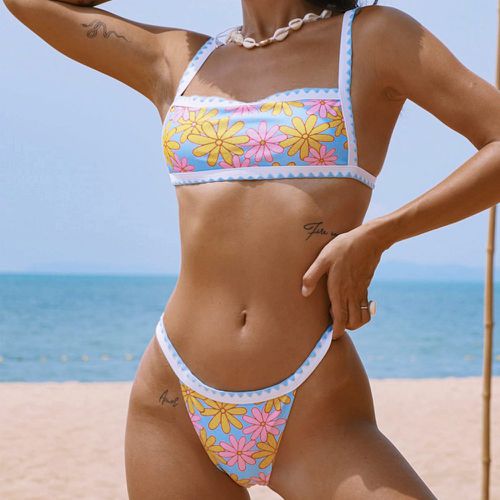 Bikini à imprimé floral à détail de bande - SHEIN - Modalova