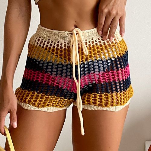 Shorts de plage à rayures à nœud en crochet - SHEIN - Modalova