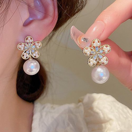 Pendants d'oreilles fausse perle & avec strass fleur - SHEIN - Modalova