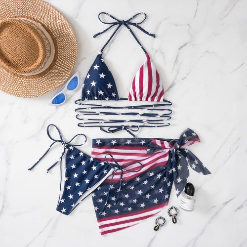 Pièces Bikini à imprimé drapeau américain à lacets ras-du-cou micro triangulaire à nœud & jupe de plage - SHEIN - Modalova