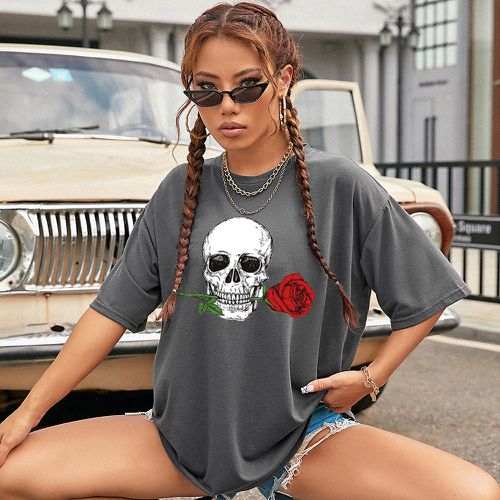 T-shirt oversize à imprimé tête de mort et rose - SHEIN - Modalova