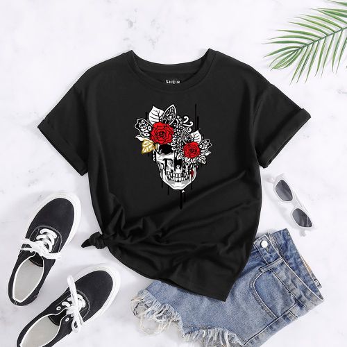 T-shirt tête de mort et à imprimé floral - SHEIN - Modalova
