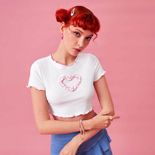 T-shirt court à motif cœur à fronces à liseré contrastant côtelé - SHEIN - Modalova