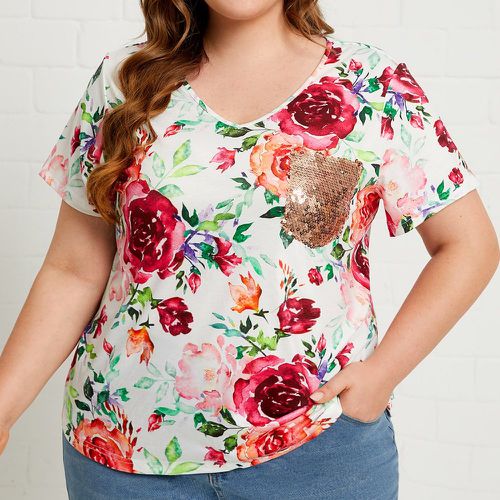 T-shirt à imprimé floral à paillettes patch à poche - SHEIN - Modalova