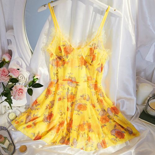 Robe de nuit à fines brides à imprimé floral à plis bustier en tulle - SHEIN - Modalova