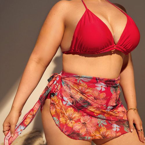 Pièces Bikini à imprimé tropical ras-du-cou triangulaire taille haute & jupe de plage - SHEIN - Modalova