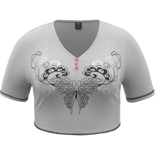 T-shirt à imprimé papillon à bouton à surpiqûres - SHEIN - Modalova