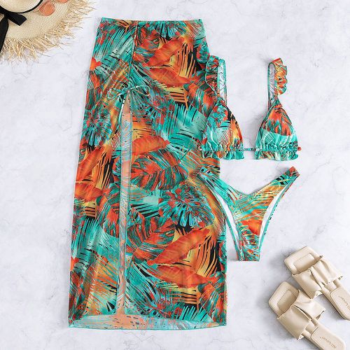 Pièces Bikini aléatoire à imprimé tropical à plis triangulaire échancré & jupe de plage - SHEIN - Modalova
