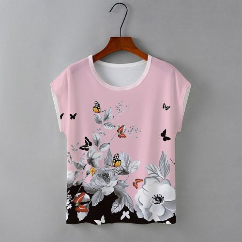 T-shirt à imprimé papillon et floral manches chauve-souris - SHEIN - Modalova