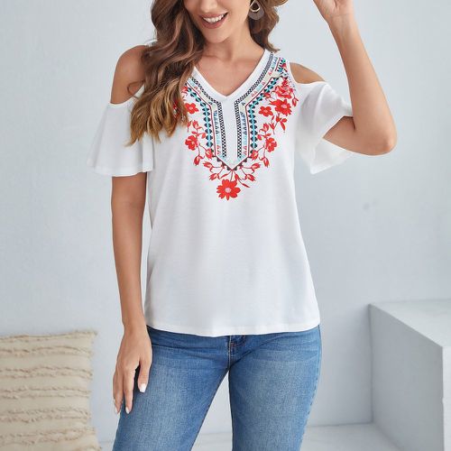 T-shirt à épaules dénudées à imprimé floral et géométrique - SHEIN - Modalova