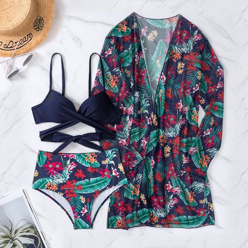 Bikini push-up à imprimé tropical croisé avec kimono - SHEIN - Modalova