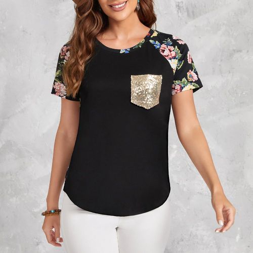 T-shirt à imprimé floral à paillettes patch à poche manches raglan - SHEIN - Modalova