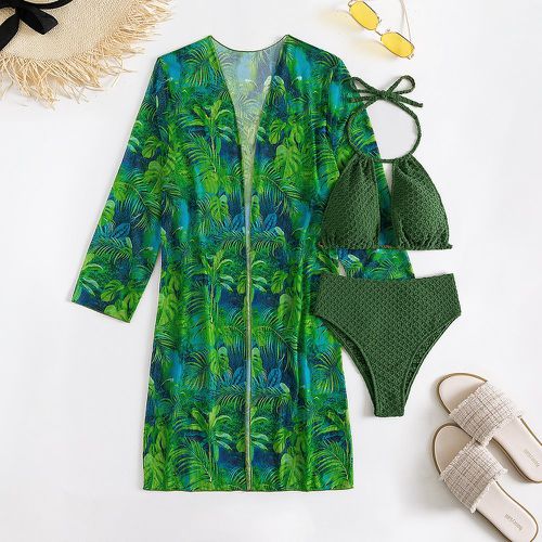 Bikini aléatoire à imprimé tropical texturé ras-du-cou taille haute & Kimono - SHEIN - Modalova