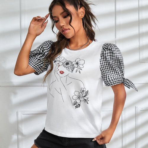 T-shirt en vichy à figure à nœud à manches bouffantes - SHEIN - Modalova
