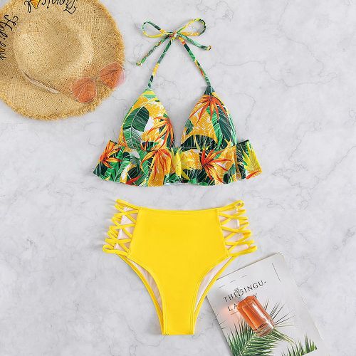Bikini à imprimé tropical ras-du-cou push-up croisé taille haute - SHEIN - Modalova