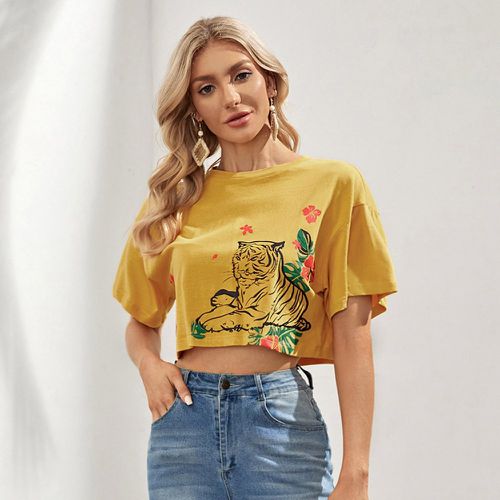T-shirt court fleuri à imprimé tigre - SHEIN - Modalova