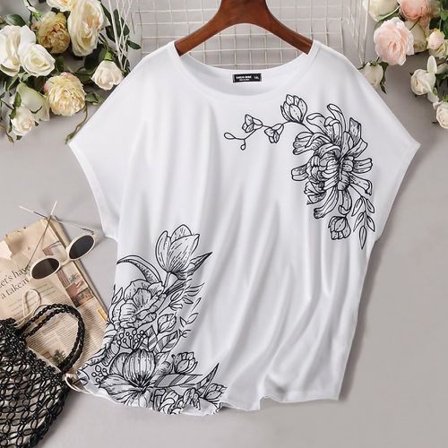 T-shirt à imprimé floral à manches chauve-souris - SHEIN - Modalova