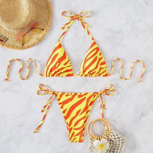 Bikini triangulaire ras-du-cou aléatoire à rayures zébrées à nœud - SHEIN - Modalova
